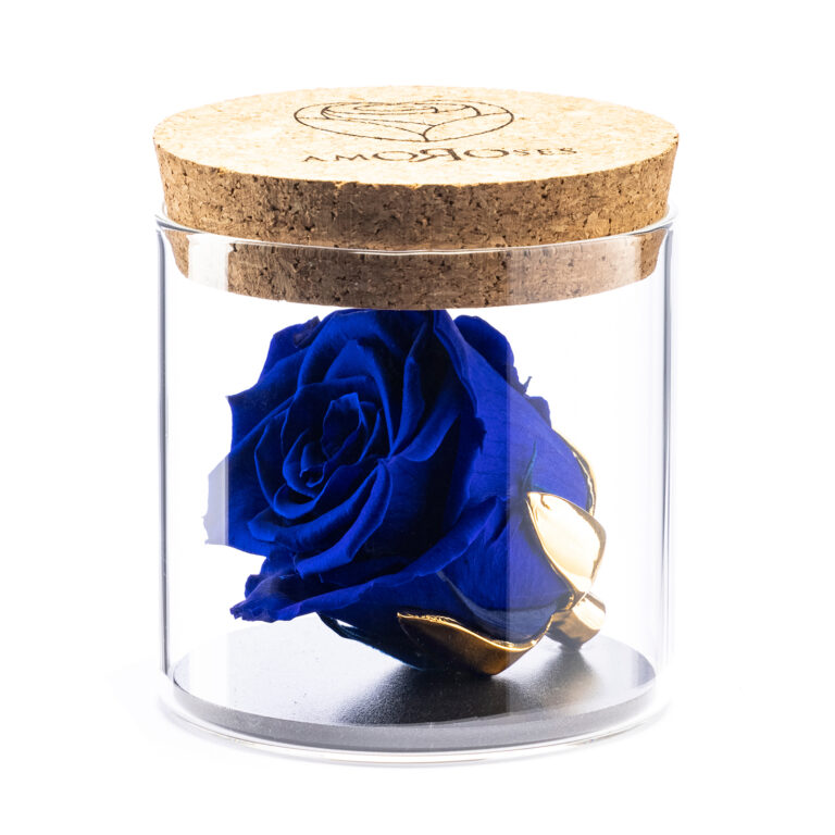 Amoroses BIJOU - Rosa Blu Rosa Stabilizzata Eterna con calice placcato oro 24K in barattolo di vetro