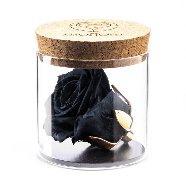 Amoroses BIJOU - Rosa Nera Rosa Stabilizzata Eterna con calice placcato oro 24K in barattolo di vetro