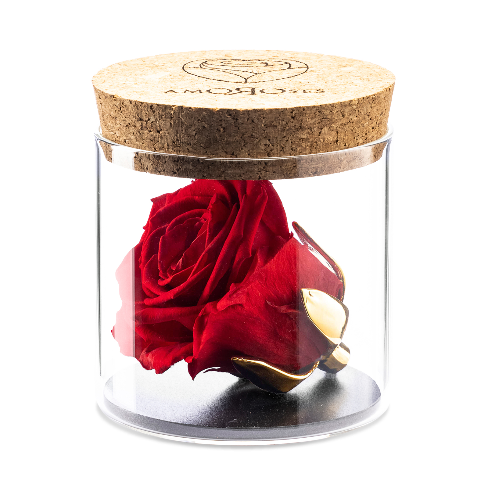 Amoroses BIJOU - Rosa Rossa Stabilizzata Eterna con calice placcato oro 24K in barattolo di vetro