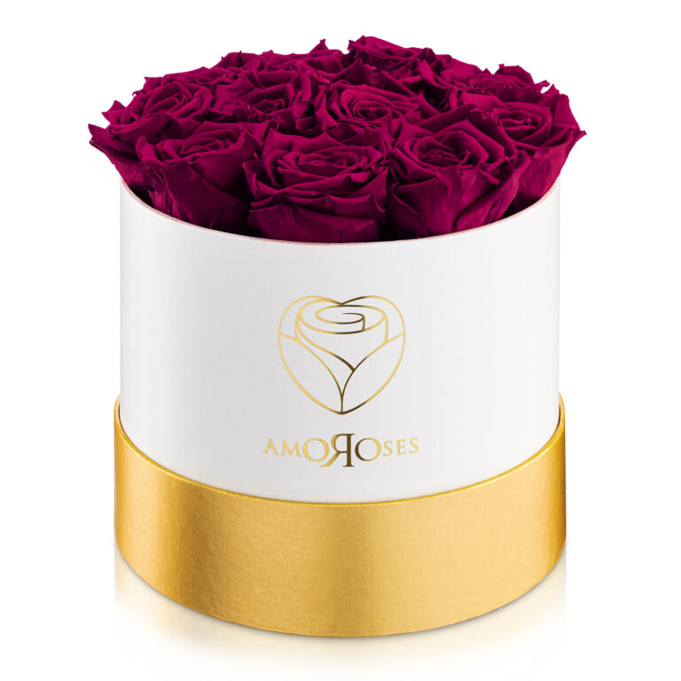 Amoroses PRESTIGE - Scatola bianca con 12 rose rosso rubino stabilizzate