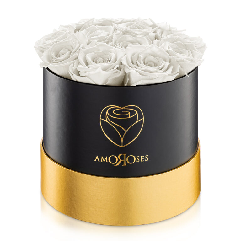 Amoroses PRESTIGE - Scatola nera con 12 rose bianche stabilizzate