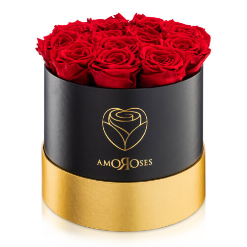 Amoroses PRESTIGE - Scatola nera con 12 rose rosse stabilizzate