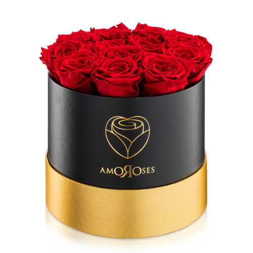 Amoroses PRESTIGE - Scatola nera con 12 rose rosse stabilizzate