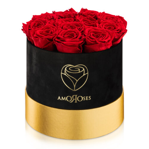 Amoroses VELVET - Scatola in velluto nero con 12 rose rosse stabilizzate