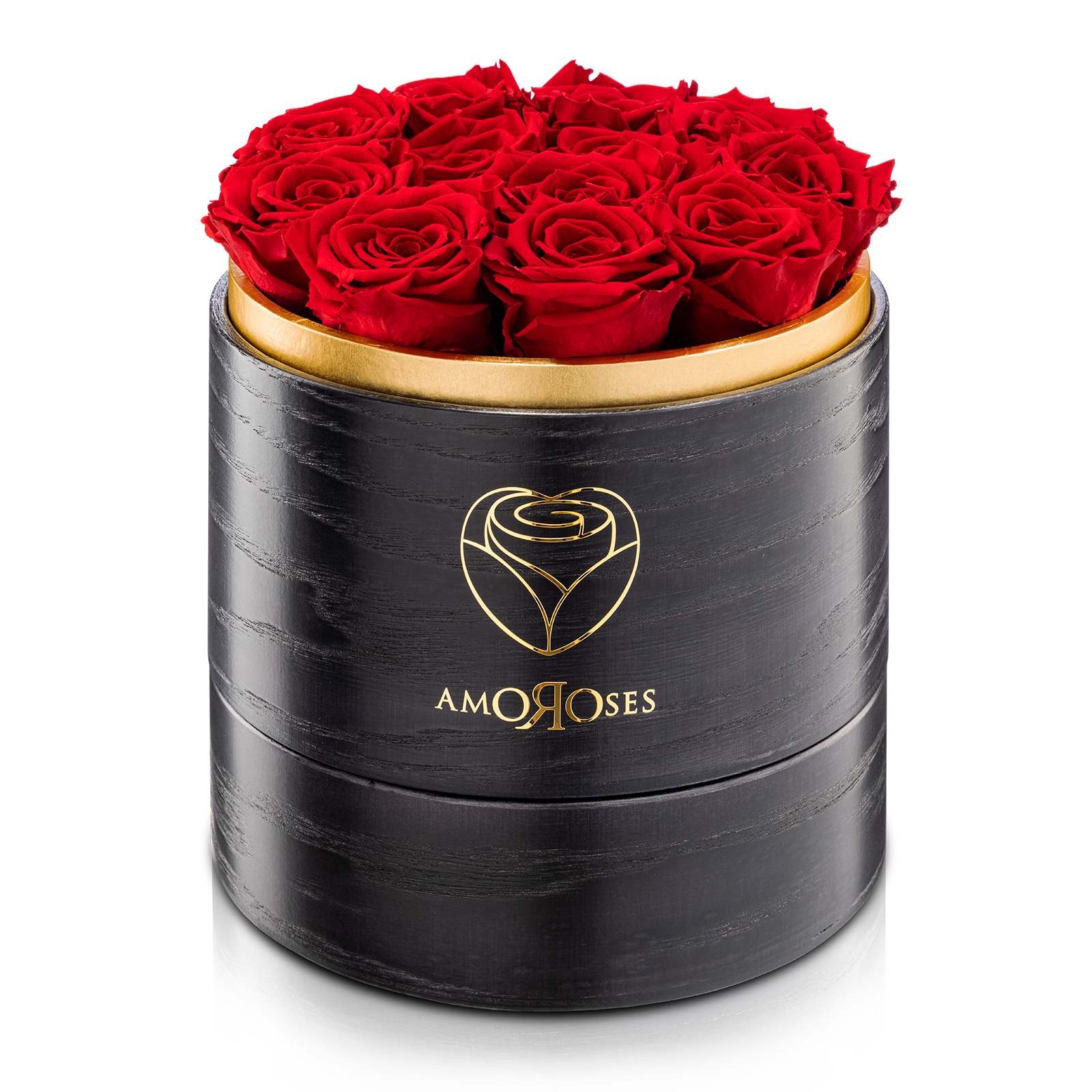 Amoroses SUPERIOR - Scatola in legno black fatta a mano con 12 rose rosse stabilizzate