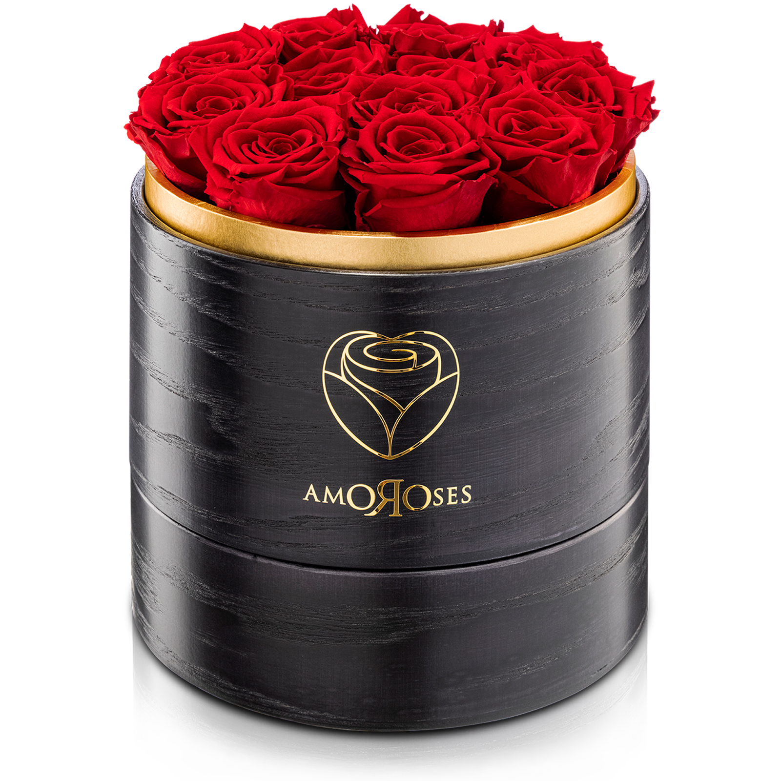 Amoroses SUPERIOR - Scatola in legno black fatta a mano con 12 rose rosse stabilizzate