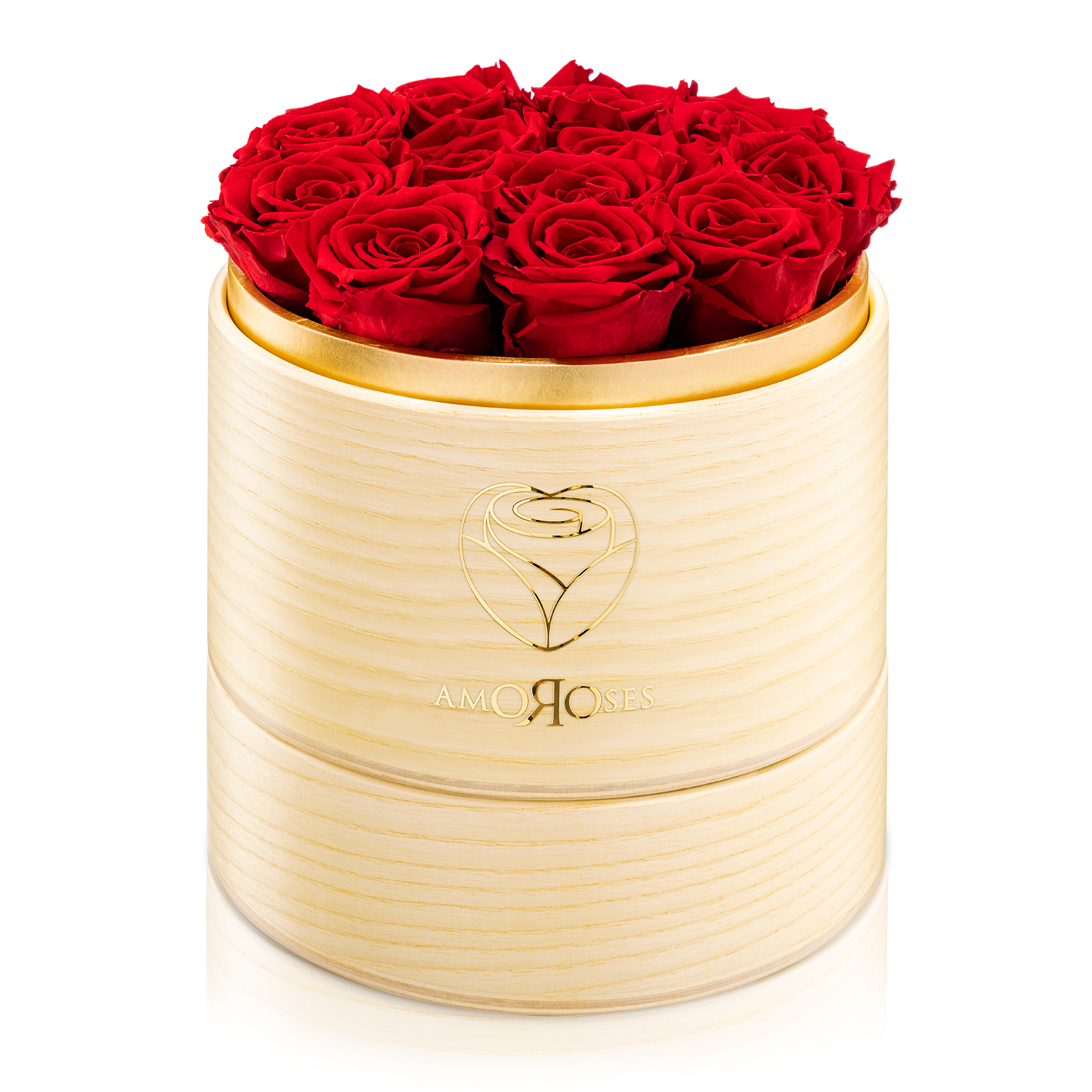 Amoroses SUPERIOR - Scatola in legno naturale fatta a mano con 12 rose rosse stabilizzate