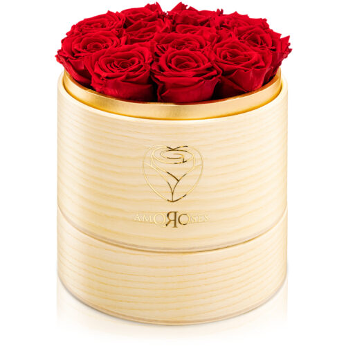 Amoroses SUPERIOR - Scatola in legno naturale fatta a mano con 12 rose rosse stabilizzate
